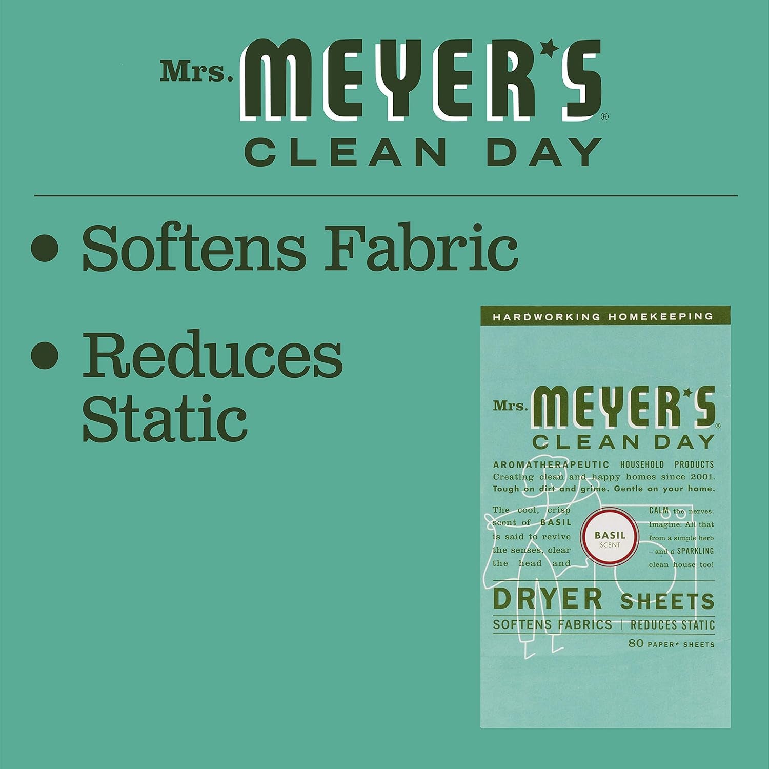 Mrs. Meyer'S Clean Day Dryer Sheets, Softens Fabric, Reduces Static, Cruelty Free Formula, Basil Scent, 80 Count