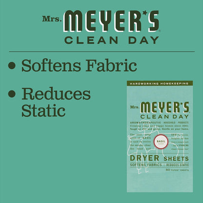 Mrs. Meyer'S Clean Day Dryer Sheets, Softens Fabric, Reduces Static, Cruelty Free Formula, Basil Scent, 80 Count