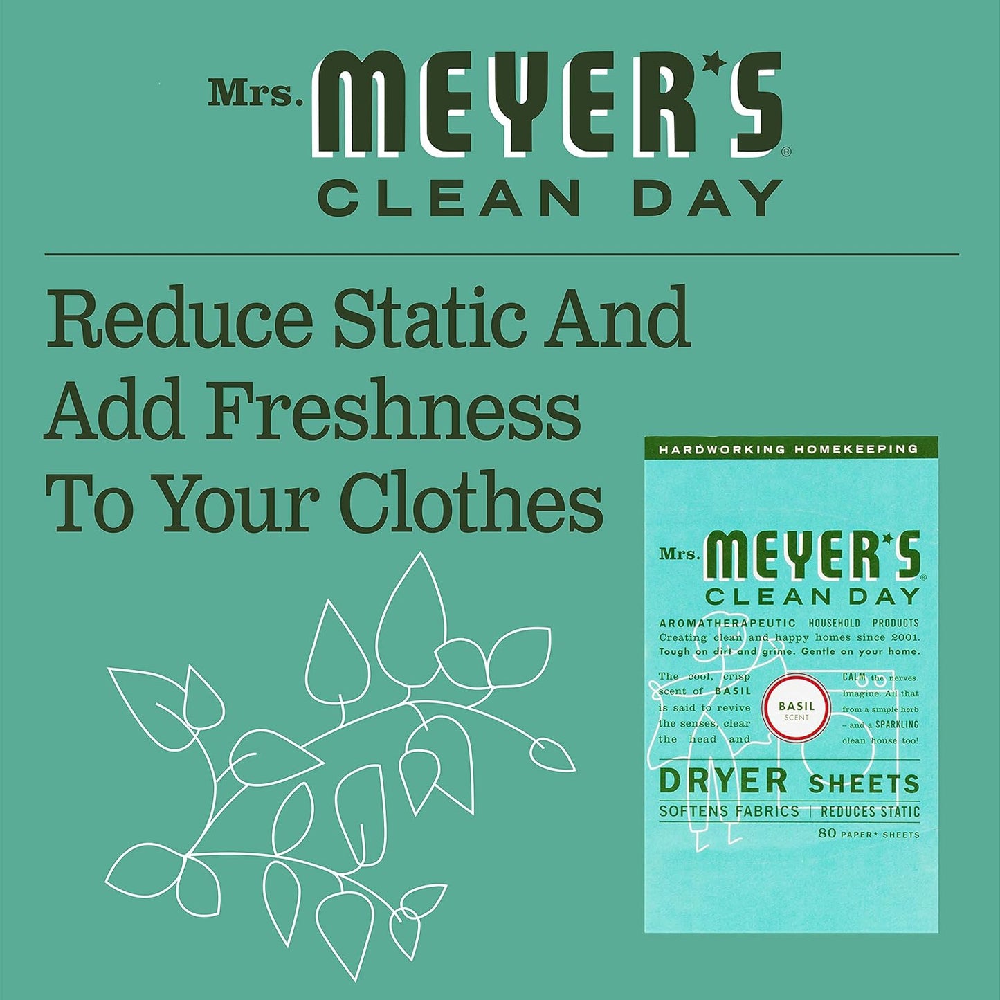 Mrs. Meyer'S Clean Day Dryer Sheets, Softens Fabric, Reduces Static, Cruelty Free Formula, Basil Scent, 80 Count