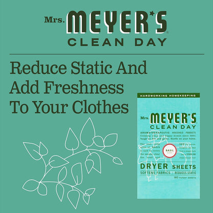 Mrs. Meyer'S Clean Day Dryer Sheets, Softens Fabric, Reduces Static, Cruelty Free Formula, Basil Scent, 80 Count